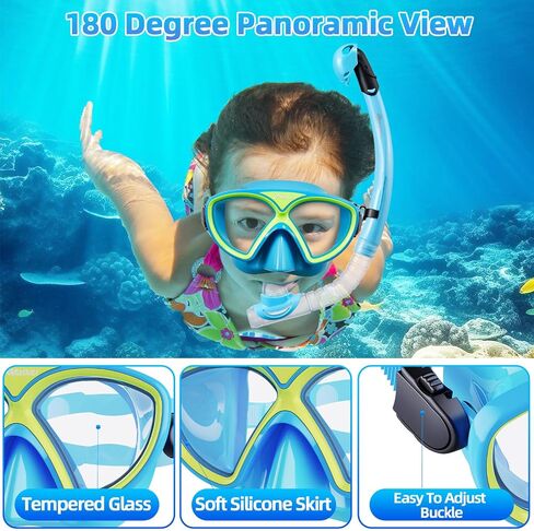 Kids Snorkeling Set Snorkel Mask Dry Top Snorkeling Gear Anti-Fog Diving Mask Tempered Glass with Mesh Bag for Kids Youth in Saudi Arabia