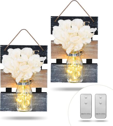 ديلي آرت ميسون جرة الشمعدانات ديكور الحائط، ريفي ميسون جرة الجدار الشمعدان شنقا جرة ميسون الشمعدانات مع أضواء LED خرافية، ديكور جدار المزرعة ديكورات البلد للمنزل، مجموعة من 2 in Kuwait