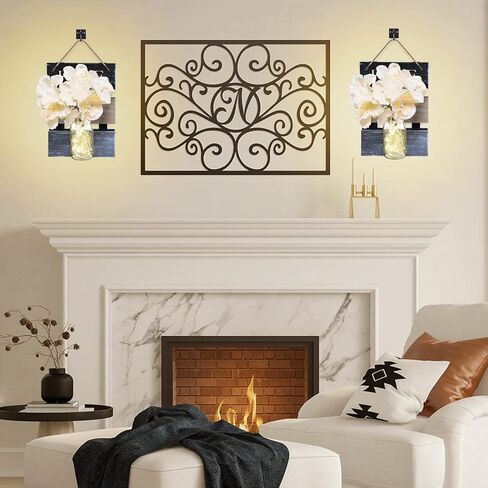 ديلي آرت ميسون جرة الشمعدانات ديكور الحائط، ريفي ميسون جرة الجدار الشمعدان شنقا جرة ميسون الشمعدانات مع أضواء LED خرافية، ديكور جدار المزرعة ديكورات البلد للمنزل، مجموعة من 2 in Kuwait