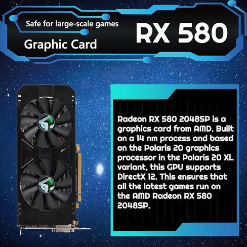 بطاقة رسومات maxsun AMD Radeon RX 580، بطاقة فيديو 2048SP GDDR5 256 بت لألعاب الكمبيوتر مع منفذ عرض HDMI DP DVI PCI Express 3.0 لوحة رسومات مزدوجة المروحة in Kuwait
