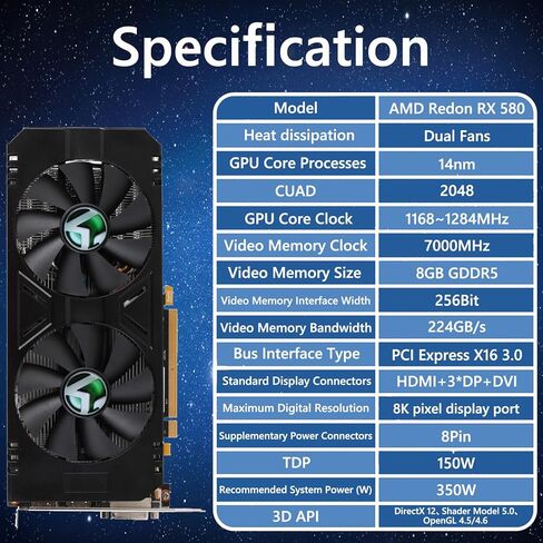 بطاقة رسومات maxsun AMD Radeon RX 580، بطاقة فيديو 2048SP GDDR5 256 بت لألعاب الكمبيوتر مع منفذ عرض HDMI DP DVI PCI Express 3.0 لوحة رسومات مزدوجة المروحة in Kuwait