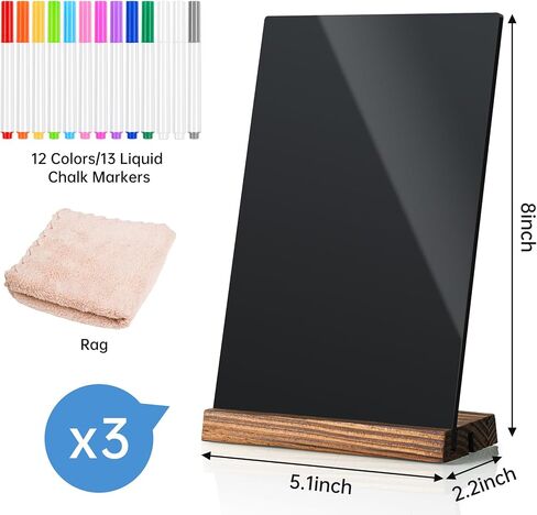 NiHome 3 Pack Desktop Acrylic Chalkboard Sign W/Wooden Base, T/L Shaped Table Top Chalkboards, Double-Sided Desktop Displays W/ 13 Liquid Chalk Markers & Eraser Cloth for Party, Restaurant (5.1"x8") in Saudi Arabia