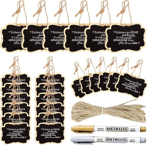 24 Pack Chalkboard Tags with String, ULENDIS 2.36x3.35 Inch Mini Wood Chalkboards Signs with Gold and Silver Markers, Hanging Chalkboard Labels Massage Board Signs, Price Tags in Kuwait