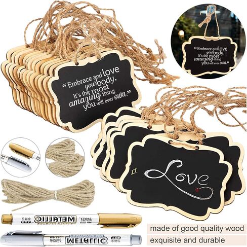 24 Pack Chalkboard Tags with String, ULENDIS 2.36x3.35 Inch Mini Wood Chalkboards Signs with Gold and Silver Markers, Hanging Chalkboard Labels Massage Board Signs, Price Tags in Kuwait