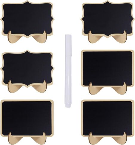 6 قطع من لافتات السبورة الصغيرة، سبورة صغيرة بأشكال مستطيلة ومموجة مع أقلام طباشير بيضاء، لبطاقات اسم الطعام أو العلامات، ولافتات الطاولة، ولافتات الزفاف مع حامل خشبي in Kuwait