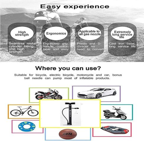مضخة يدوية للدراجة من إنشانت، مضخة أرضية محمولة للدراجة تناسب أنواع صمامات بريستا وشرايدر، مضخة هواء مع إبر كروية وفوهة بالونات in Kuwait