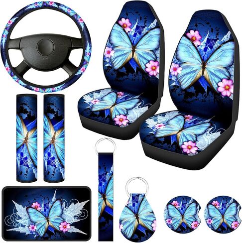 Frienda Butterfly Car Seat Covers for Women Butterfly Car Accessories Interior Seat Covers Rubber Steering Wheel Wrist Strap Armrest Seatbelt Cover Keychain(Bright Style) in Saudi Arabia
