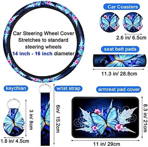 Frienda Butterfly Car Seat Covers for Women Butterfly Car Accessories Interior Seat Covers Rubber Steering Wheel Wrist Strap Armrest Seatbelt Cover Keychain(Bright Style) in Saudi Arabia