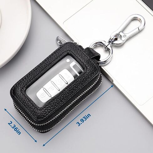 XINLIYA Car Key Fob Case, Genuine Leather Remote Keychain Bag with Lanyard and Zipper Closure, Key Protection Cover for Men Women (Black) in Saudi Arabia