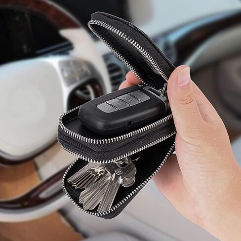 XINLIYA Car Key Fob Case, Genuine Leather Remote Keychain Bag with Lanyard and Zipper Closure, Key Protection Cover for Men Women (Black) in Saudi Arabia