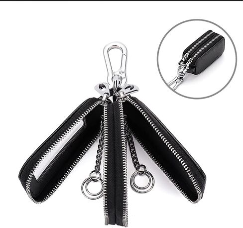 XINLIYA Car Key Fob Case, Genuine Leather Remote Keychain Bag with Lanyard and Zipper Closure, Key Protection Cover for Men Women (Black) in Saudi Arabia