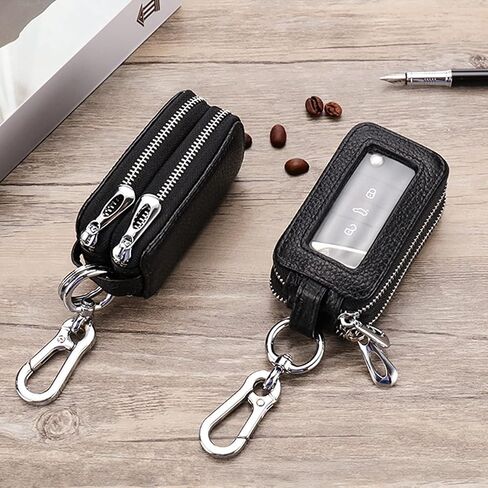 XINLIYA Car Key Fob Case, Genuine Leather Remote Keychain Bag with Lanyard and Zipper Closure, Key Protection Cover for Men Women (Black) in Saudi Arabia