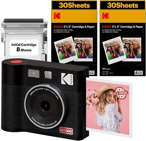 KODAK Mini Shot 2 ERA 4PASS 2-in-1 Instant Camera and Photo Printer (Black, Camera + Initial 8 Sheets + 60 Sheets) in Saudi Arabia
