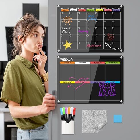 Acrylic Magnetic Dry Erase Calendar Board for Fridge, 17"x12" - Erasable Monthly and Weekly Planner with to-Do List, Includes 6 Markers and Eraser in Saudi Arabia