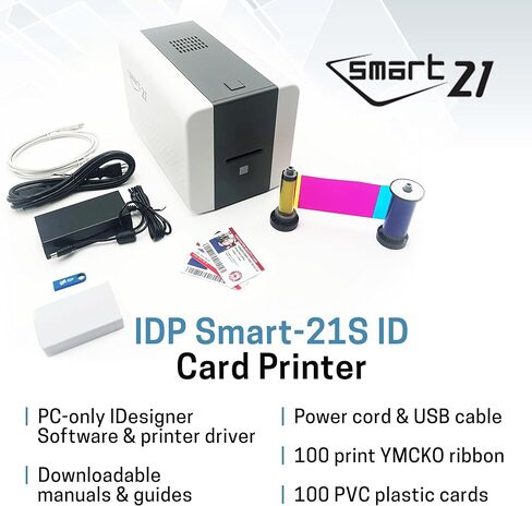 مجموعة الطابعة البسيطة لبطاقة الهوية IDP SMART-21S مع برنامج الكمبيوتر الشخصي فقط، و100 شريط ألوان YMCKO مطبوع، و100 بطاقة بلاستيكية PVC in Kuwait