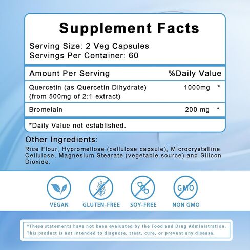 Quercetin 1000mg with Bromelain 200mg - Supports Antioxidant, Immune System and Cardiovascular Health - Bioflavonoid Supplement - Non-GMO, Gluten-Free - 120 Veg Capsules in Kuwait