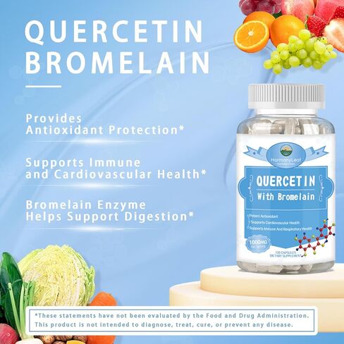 Quercetin 1000mg with Bromelain 200mg - Supports Antioxidant, Immune System and Cardiovascular Health - Bioflavonoid Supplement - Non-GMO, Gluten-Free - 120 Veg Capsules in Kuwait