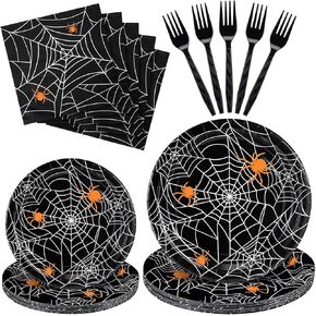 Soaoo 96 Pcs Halloween Party Supplies Spider Web Tableware Set Include Dessert Plates Luncheon Napkins Plastic Forks, Black Disposable Halloween Dinnerware Halloween Paper Plates for Halloween Party