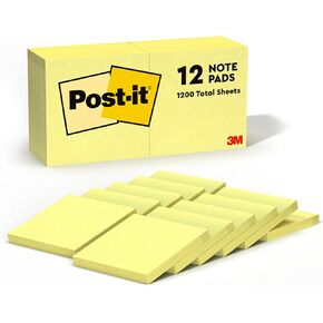 Post-it Notes, 3x3 in, 12 Pads, Canary Yellow, Clean Removal, Recyclable