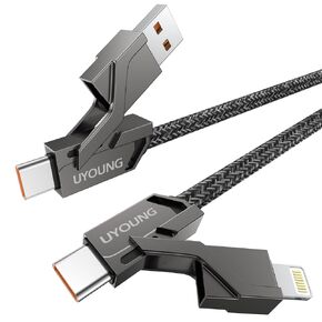 4-in-1 USB C Cable Lightning Cable 6FT 60W Fast Charging Cord Multiple Ports Charger Adapter with Lightning/USB C/USB A Port iPhone/iPad/MacBook Pro/Samsung/Android, Multi Charging Cable-Flat Braided