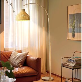 Brightech Lark Arc Lamp for Living Rooms & Offices, Floor Lamp with Unique Hanging Wicker Shade, Standing Lamp for Bedroom Reading, Tall Lamp Matches Boho and Other Living Room Decor, Brass