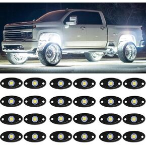 24 Pods White Led Rock Lights，Automotive General Under Body Neon Glow Led Pure Light Kit Ip68 Waterproof 3.8ft Extension Wires for Car Truck Boat Rv ATV Utv SUV RZR Motorcycle Trail Rig Lamp（White）