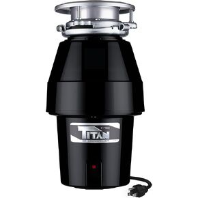 TITAN 10-US-TN-T-960-3B جهاز التخلص من القمامة، 3/4 حصان ديلوكس، أسود مع شفة حوض من الفولاذ المقاوم للصدأ وواقي فضي