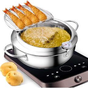 3.4L Deep Fryer Pot, Japanese Style 304 Stainless Steel Deep Fryer with Oil filtration, Deep Fryer Pot with Temperature Control