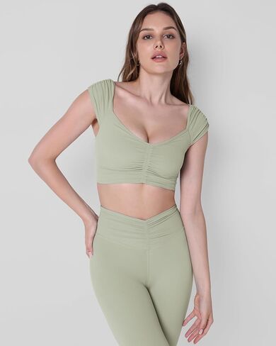 ODODOS Ruched Front Crop Tank for Women V-Neck Cut Out Back Cap Sleeve Cropped Tops in Kuwait