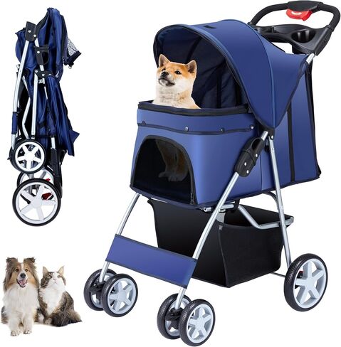 Unisakey Foldable 4-Wheel Pet Stroller for Dogs Cats 10-33lbs, Navy Blue in Kuwait