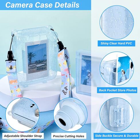 Upgraded Clear Hard Case with DIY Sticker for Fujifilm Instax Mini 12 Instant Camera, Instax Mini 12 Clear Cover with Shoulder Strap - Blue Sticker in Kuwait