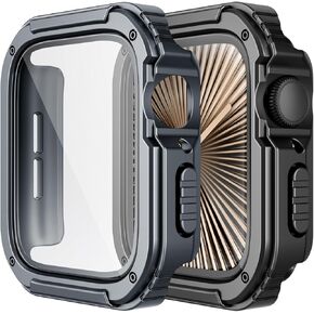 Adepoy 2 Pack Rugged Case Compatible for Apple Watch 46mm Series 10 with Tempered Glass Screen Protector, Military All Around Hard TPU Protective Cover Case Shockproof Bumper for iWatch Men 46mm