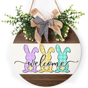 Happy Easter Wooden Hanging Sign Easter Colorful Eggs Bunny Sign Door Decoration Rustic Easter Wood Wreath Sign for Easter Spring Holiday Front Door Wall Rustic Farmhouse Porch Decor 12 x 12 Inch