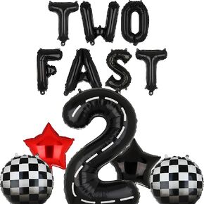 Two Fast 2nd Racing Vintage Retro Car Theme Birthday Party Letter Banner Balloon 40 Inch Racetrack Number Balloons 2 Black Race Car Party Decor Set