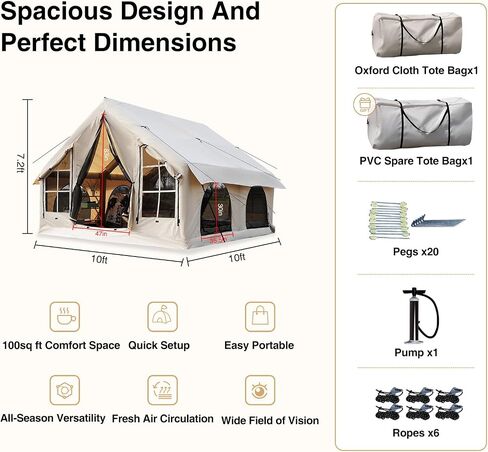Inflatable Tent for Camping 4-8 People Large Blow Up Air Tents House, No Assembly Needed Luxury Glamping Tent, 10x10ft Waterproof Oxford, Field Green in Saudi Arabia
