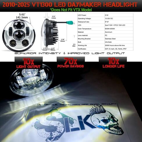 SLK-Lights VT1300 Fury LED Daymaker Black Headlight 5 3/4"- Direct Fit - Plug & Play - Compatible Honda VT1300 2010-2022 Honda Fury, Sabre, Interstate, and Stateline (Black) in Saudi Arabia