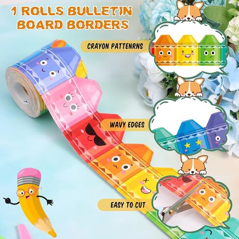 Eersida 65.6 ft Colorful Pencil Bulletin Board Borders Cute Faces Pencils Border Trim Paper Cutouts Classroom Decorations for Preschool Daycare Kindergarten Chalkboard Desks Windows (Pencil) in Kuwait