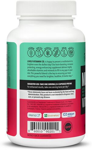 LIVELY VITAMIN CO. Multivitamin - 37 Vitamins Minerals and Extracts - Energy - Memory - Immune Function - Heart- Brain - Focus - Mood - Antioxidants - Dairy Gluten Soy Free - 60 Vegetarian Capsules in Kuwait