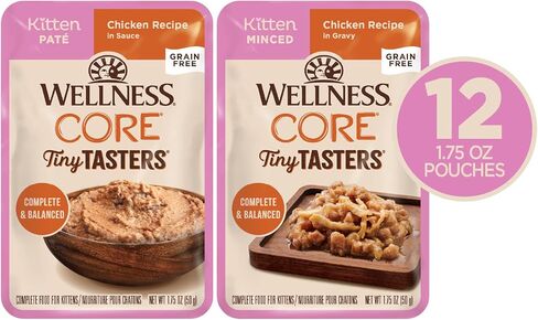 Wellness CORE Tiny Tasters Wet Kitten Food, Complete & Balanced Natural Pet Food, Made with Real Meat, 1.75-Ounce Pouch, 12 Pack (Kitten, Chicken Pate) in Kuwait