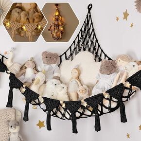 شبكة تخزين TIDYTEDS Macrame DreamLights Boho للحيوانات المحشوة (كبيرة جدًا) وأرجوحة للقطيفة الصغيرة. حامل تخزين الألعاب القطيفة باللون الوردي