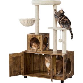 Yaheetech Cat Tree Tower with Litter Box Enclosure, Modern Cat Tower Condo for Indoor Cats, All-in-one Cat Furniture Cat Litter Box Furniture Hidden with Scratching Post Wooden Cat Washroom