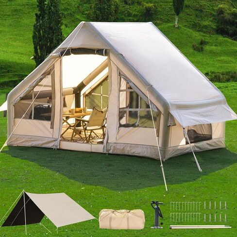 Inflatable Camping Tent with Canopy, Cabin Tent, 4-6 Person Glamping Tents Sun Shelter, Easy Setup Waterproof Outdoor Oxford Tents, Self-Supporting Structure Inflatable House Tent with Picnic Blanket in Kuwait