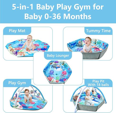 Baby Gym Play Mat, 8-in-1 Tummy Time Mat & Activity Gym, Washable Ball Pit, Infant Play Mat with Detachable Toys for Sensory Exploration and Motor Skill Development in Saudi Arabia