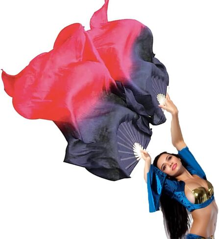 Women 1 Pair (Left+Right) Silk Belly Dance Fans Veil Belly Dancing Long Folding Fans Length 180 cm * 90 cm in Kuwait
