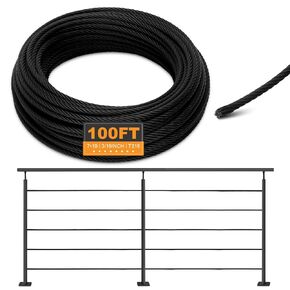 Thickened Black 3/16 Stainless Steel Cable, 100ft Wire Rope, 7X19 Strands Aircraft Cable, 3700lbs Breaking Strength, Zip Line for Heavy Duty Applications, Deck Railing, String Lights & Yard Zipline