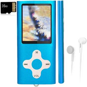 مشغل MP3، مشغل موسيقى مع بطاقة ذاكرة 16 جيجابايت، مشغل موسيقى رقمي محمول/فيديو/تسجيل صوتي/راديو FM/قارئ الكتب الإلكترونية/عارض الصور/شاشة LCD 1.8 بوصة