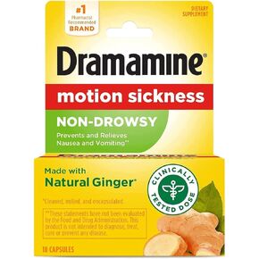 Dramamine Non-Drowsy Naturals with Ginger Motion Sickness Relief Capsules | 18 Tablets Each | Pack of 5