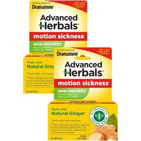Dramamine Non-Drowsy Naturals with Ginger Motion Sickness Relief Capsules | 18 Tablets Each | Pack of 5