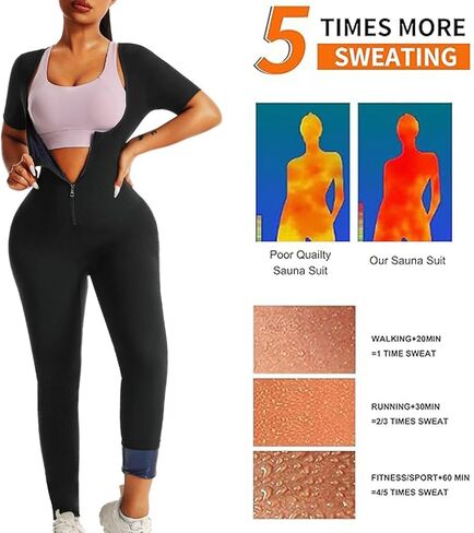 Sauna Suit for Women Waist Trainer Sweat Suits Workout Jumpsuit Slimming Full Body Shaper Zip Up with Sleeve Shorts in Kuwait