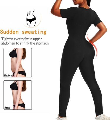 Sauna Suit for Women Waist Trainer Sweat Suits Workout Jumpsuit Slimming Full Body Shaper Zip Up with Sleeve Shorts in Kuwait